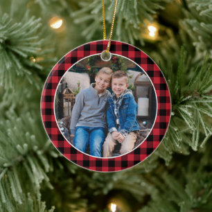 Rustikale rote Buffalo-Karo Weihnachts-Familienfot Keramik Ornament
