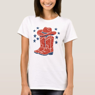 Rustikale rote Cowboystiefel und blaue Sterne West T-Shirt