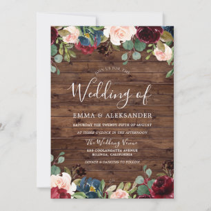 Rustikale Rote Flora Wood Burgundy Hochzeit Einlad Einladung