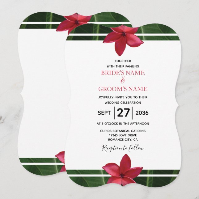 Rustikale Rote Frangipani Plumeria Hochzeitseinlad Einladung (Vorne/Hinten)