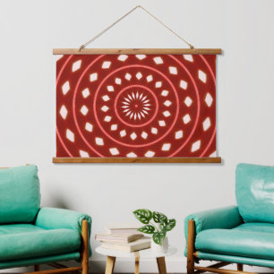 Rustikale rote geometrische Sonnenstrahlen-Abstrak Wandteppich Mit Holzrahmen