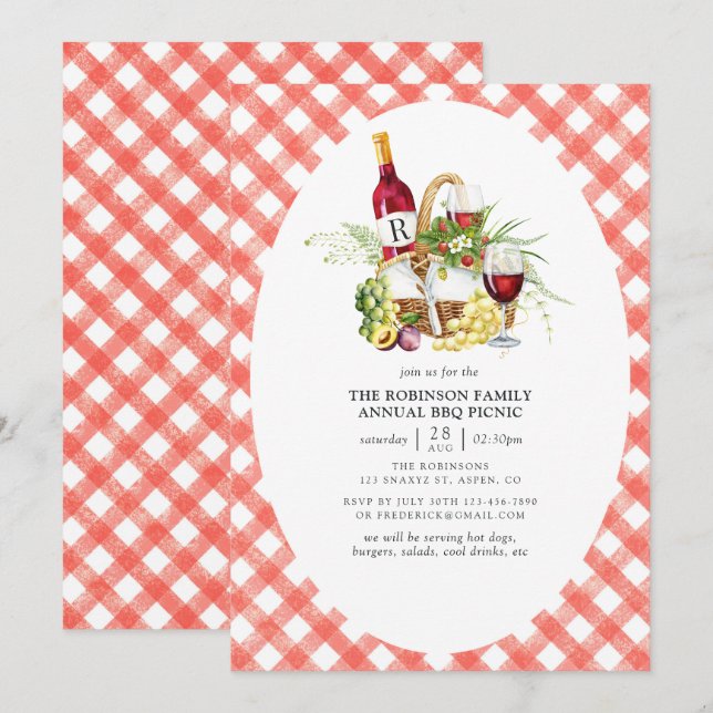 Rustikale Rote Gingham BBQ Picknick Monogramm Einladung (Vorne/Hinten)