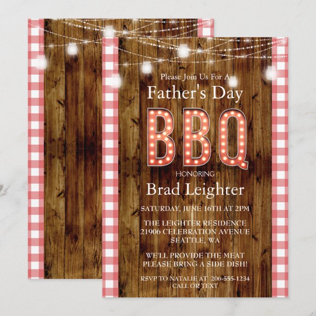 Rustikale Rote Gingham Vatertag GRILLEN Einladung (Vorne/Hinten)