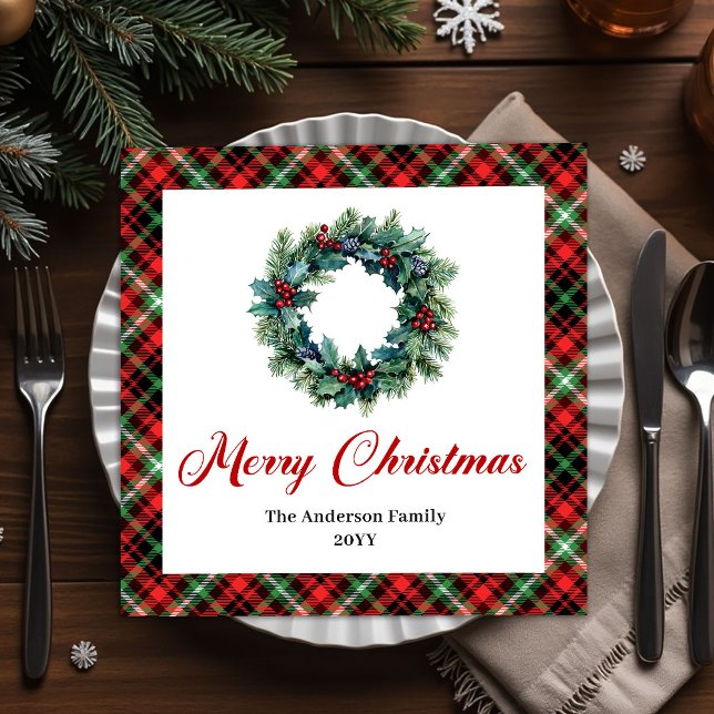 Rustikale rote grüne Karo-Weihnachtskranz-Serviett Serviette (Rustic Red Green Plaid Christmas Wreath Napkins)