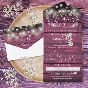 Rustikale rote Holz-Lichterkette für die Hochzeit All In One Einladung