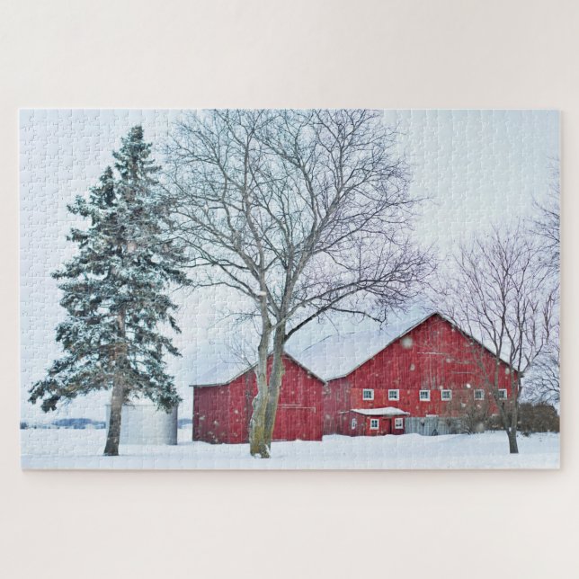 Rustikale Rote Landschaft mit Winterschnee Landsch Puzzle (Horizontal)