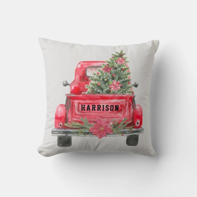 Rustikale rote LKW Familienname Weihnachtsbaum Kissen (Vorderseite)