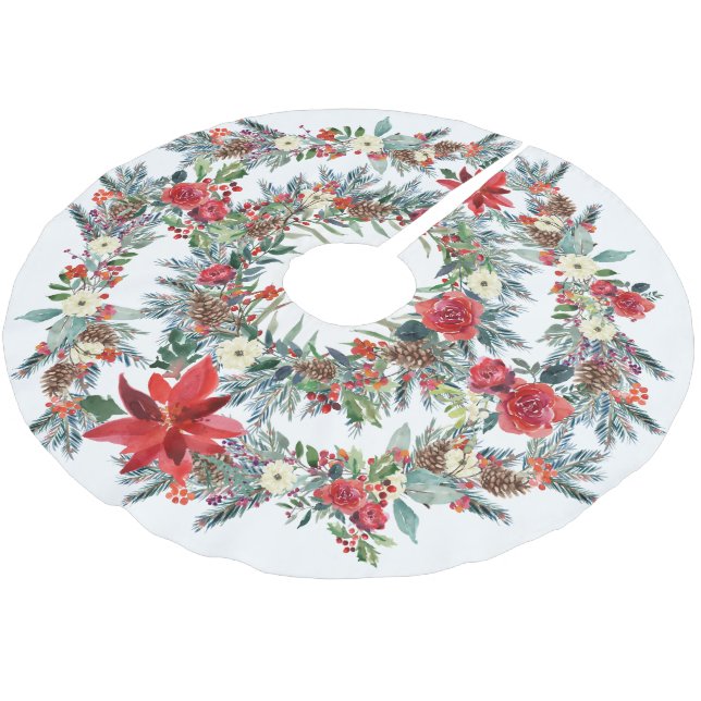 Rustikale rote Poinsettia Aquarellwein Polyester Weihnachtsbaumdecke (Schrägansicht)