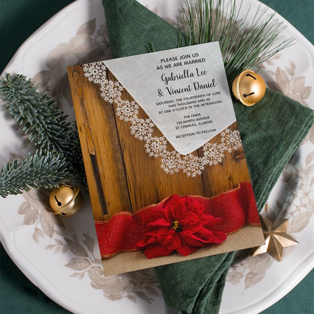 Rustikale Rote Poinsettia Country Wintermesse Einladung (Set a warm and festive tone for your rustic December wedding ceremony and reception.)