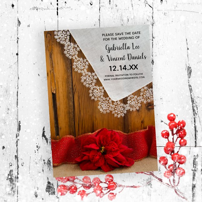 Rustikale Rote Poinsettia Winterhochzeit Save the  Einladung (Set the tone for your December winter wedding with this festive save the date.)