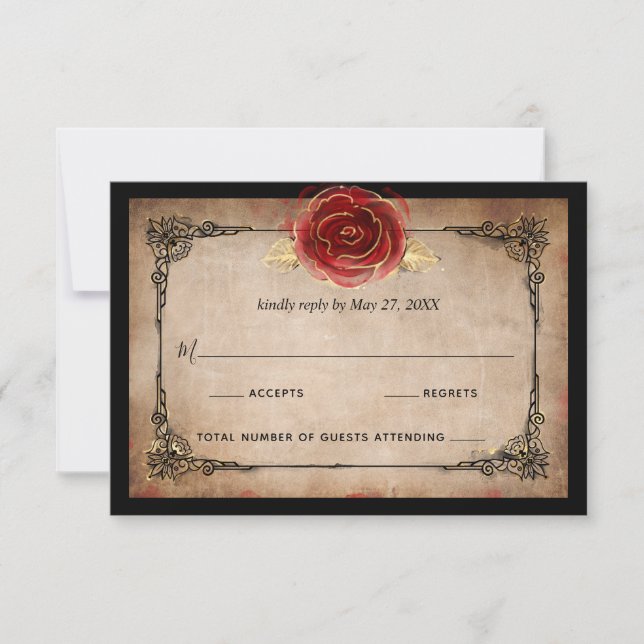 Rustikale Rote Rose Vintage Hochzeit RSVP Karte (Vorderseite)