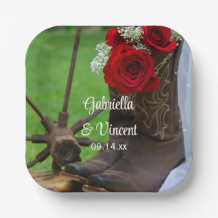 Rustikale Rote Rosen und Cowboy Boots Western Wedd Pappteller