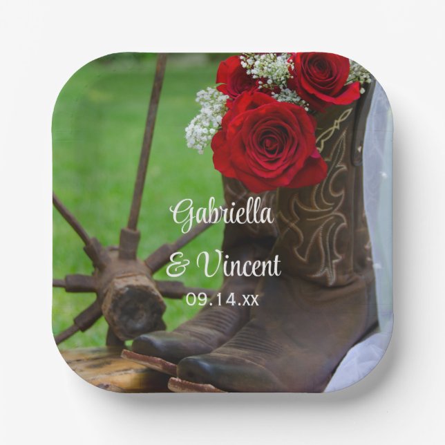 Rustikale Rote Rosen und Cowboy Boots Western Wedd Pappteller (Vorderseite)