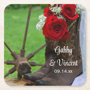 Rustikale Rote Rosen und Cowboy Boots Western Wedd Rechteckiger Pappuntersetzer
