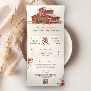 Rustikale rote Scheune Landhochzeit QR-Code Hochze Dreifach Gefaltete Einladung
