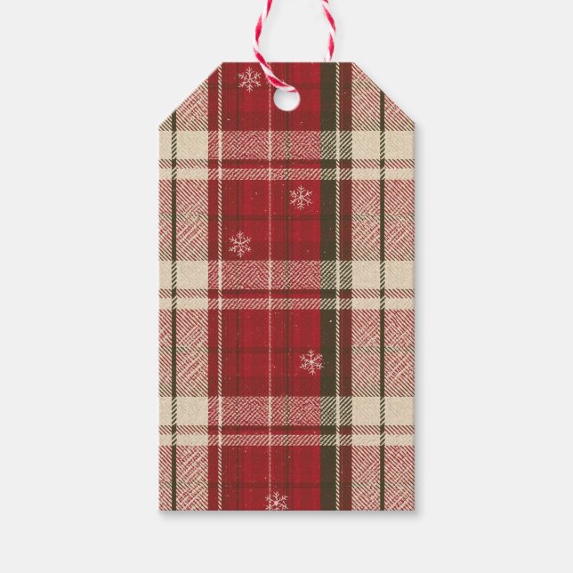 Rustikale rote Schottenmuster-Schneeflocken-Gesche Geschenkanhänger (Vorderseite)
