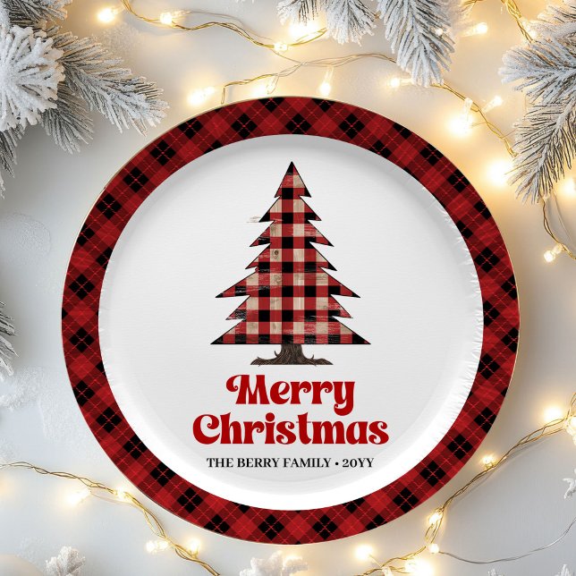 Rustikale rote schwarze Karo-Weihnachtsbaum-Papier Pappteller (Rustic Red Black Plaid Tree Christmas Paper Plates)