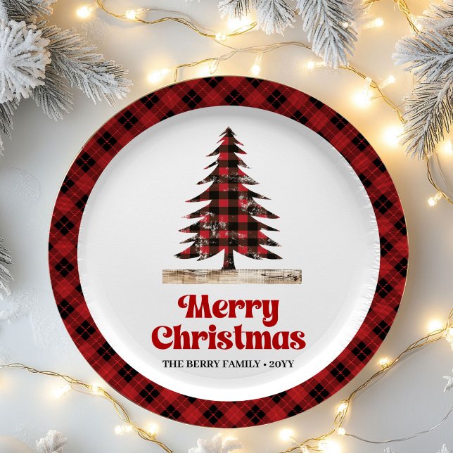 Rustikale rote schwarze Karo-Weihnachtsfeier-Papie Pappteller (Rustic Red Black Plaid Christmas Party Paper Plates)