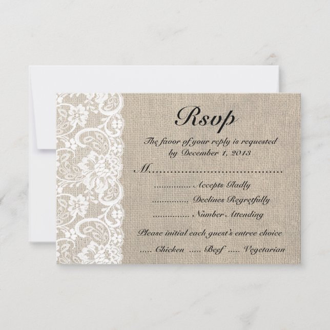 Rustikale RSVP-Karte mit weißen Spitzen-Burlap-Loo RSVP Karte (Vorderseite)