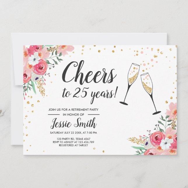 Rustikale Ruhestands-Party Einladung mit Blumen (Vorderseite)