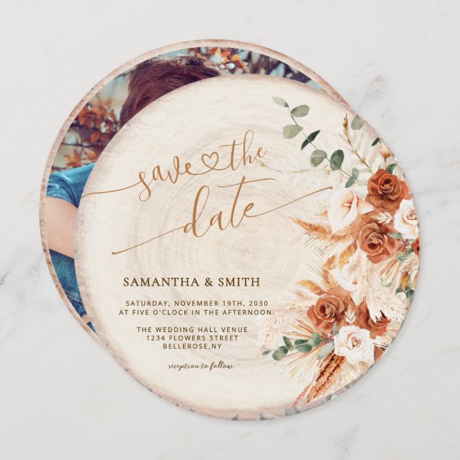 Rustikale, runde, holzgeschnittene Körner Save the Einladung (Vorne/Hinten)