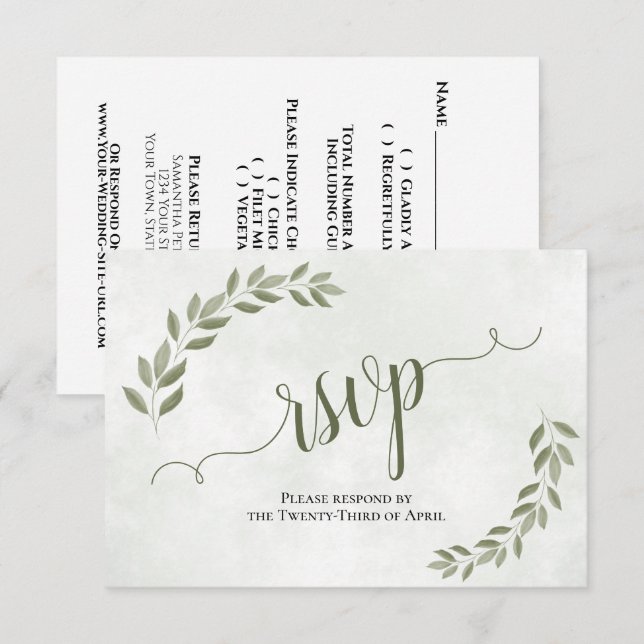 Rustikale Sage Green Blätter Einfache Hochzeit RSVP Karte (Vorne/Hinten)