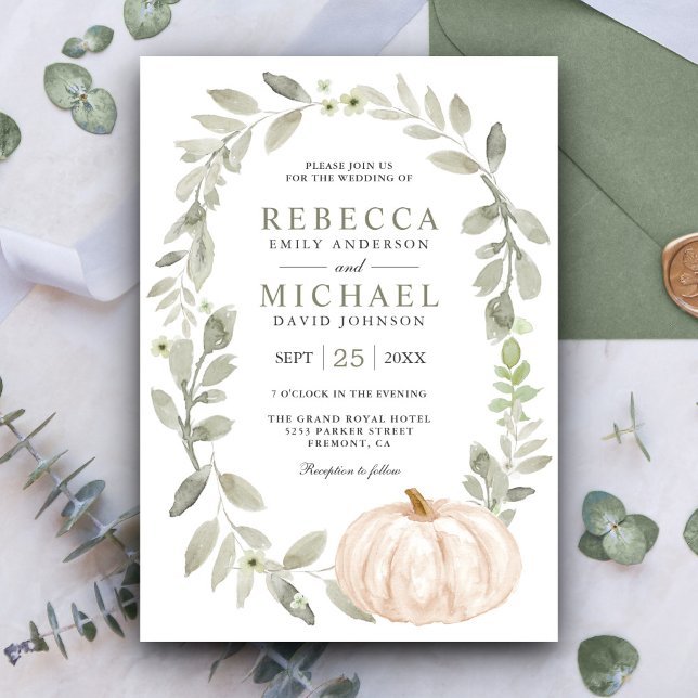 Rustikale Sage Green Blätter White Pumpkin Wedding Einladung (Von Creator hochgeladen)