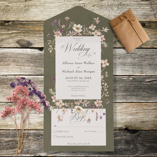 Rustikale Sage Green Wildblume Rahmen Kein Abendes All In One Einladung (Von Creator hochgeladen)