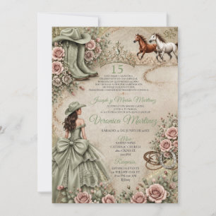 Rustikale Sage-Grün Prinzessin Western Quinceañera Einladung