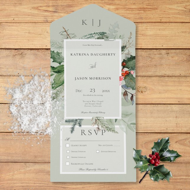 Rustikale Sage Winter Holly & Pine Drei Abendessen All In One Einladung (Rustic Sage Winter Holly & Pine Three Dinner All In One Invitation)