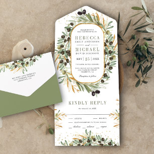 Rustikale Salbei-Grün-Gold-Olivenblätter-Hochzeit All In One Einladung