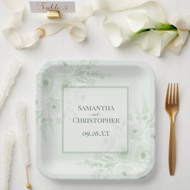 Rustikale Salbei-Grüne Pfingstrosen Elegante Boho- Pappteller (Hochzeit)