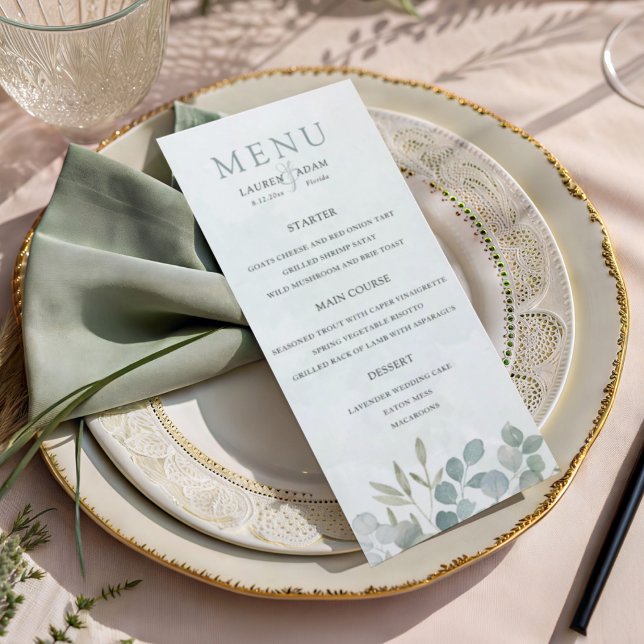 Rustikale Salbeigrüne Eukalyptus-Hochzeit Menükarte (Von Creator hochgeladen)