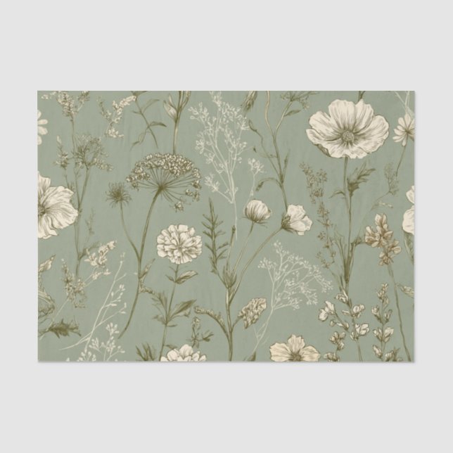 Rustikale Salbeigrüne Fette Vintage-Blumen Seidenpapier (Vorderseite)