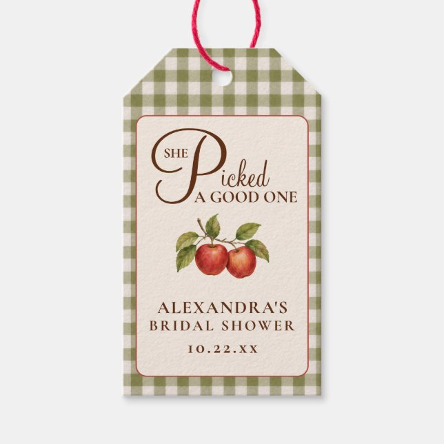 Rustikale Salbeigrüne Gingham-Apfel-Brautparty  Geschenkanhänger (Vorderseite)