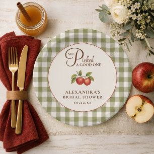 Rustikale Salbeigrüne Gingham-Apfel-Brautparty Pappteller