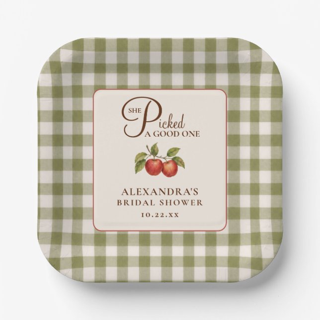 Rustikale Salbeigrüne Gingham-Apfel-Brautparty Pappteller (Vorderseite)