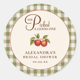 Rustikale Salbeigrüne Gingham-Apfel-Brautparty Runder Aufkleber