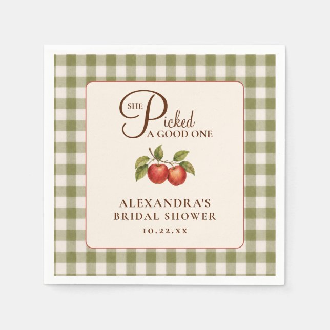 Rustikale Salbeigrüne Gingham-Apfel-Brautparty Serviette (Vorderseite)