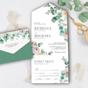 Rustikale sanfte Rosen-Eukalyptus-Blatt-Hochzeit All In One Einladung