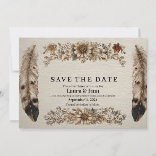 Rustikale "Save the Date"-Karte mit Federn und Blu Einladung