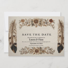 Rustikale "Save the Date" Karte mit Federn und Flo