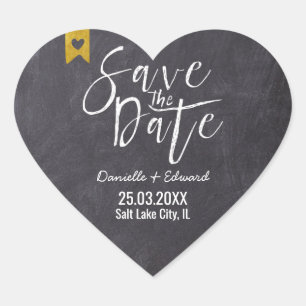 Rustikale Save-the-Date-Kreidetafel Weiße Typograf Herz-Aufkleber