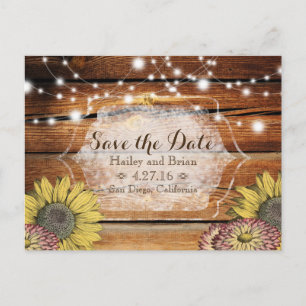 Rustikale Save the Date Postkarte mit Sonnenblumen