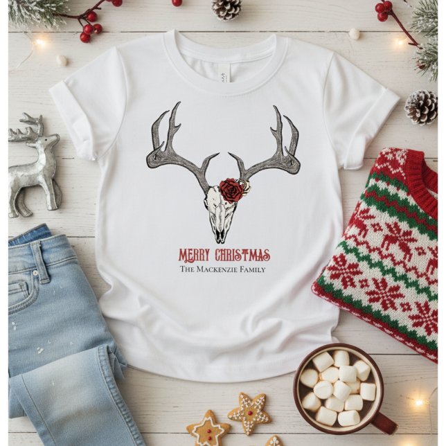 Rustikale Schädelleder der Hirschköpfe T-Shirt (Cute Country Christmas Kids T-Shirt for Her. Merry Christmas Floral Reindeer Skull & Antlers. Roses.)
