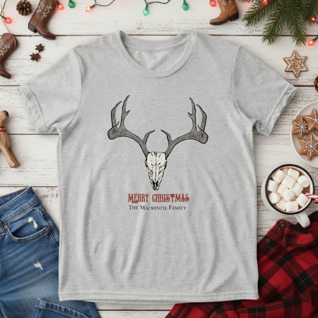 Rustikale Schädelleder der Hirschköpfe Tri-Blend Shirt (Country Kids Merry Christmas T-Shirt. Modern Country Reindeer Skull & Antlers Illustration)