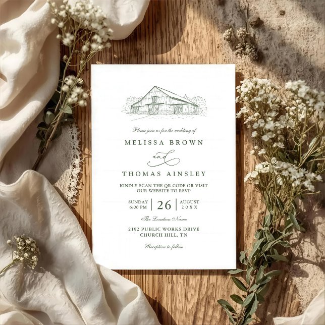 Rustikale Scheune Sage Grün QR-Code-Hochzeit Line  Einladung (Von Creator hochgeladen)