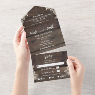 Rustikale Scheunen-Hochzeit aus Holz und Spitze, R All In One Einladung