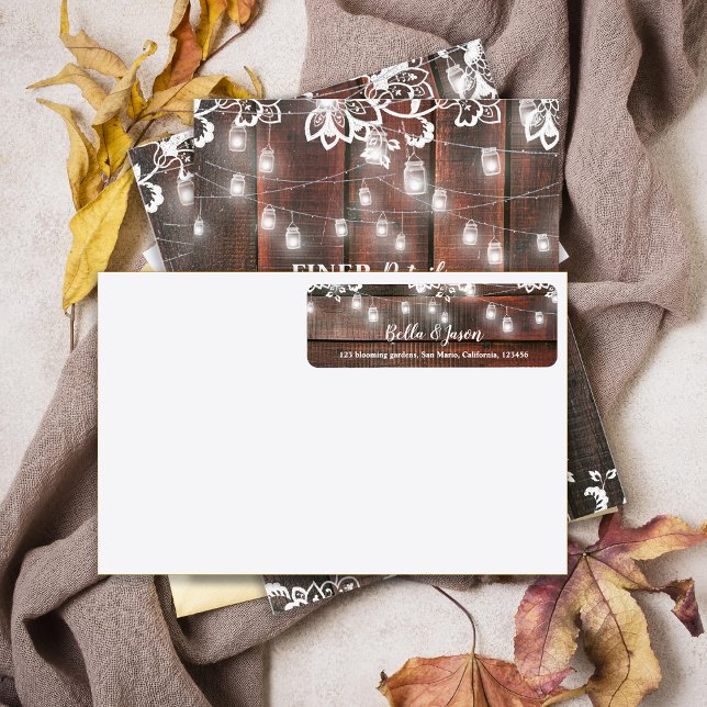 Rustikale Scheunen-Lichtgirlande-Hochzeitsadresse (Rustic Wood String Lights Wedding Address Label | Barn Lace Return Address Sticker)