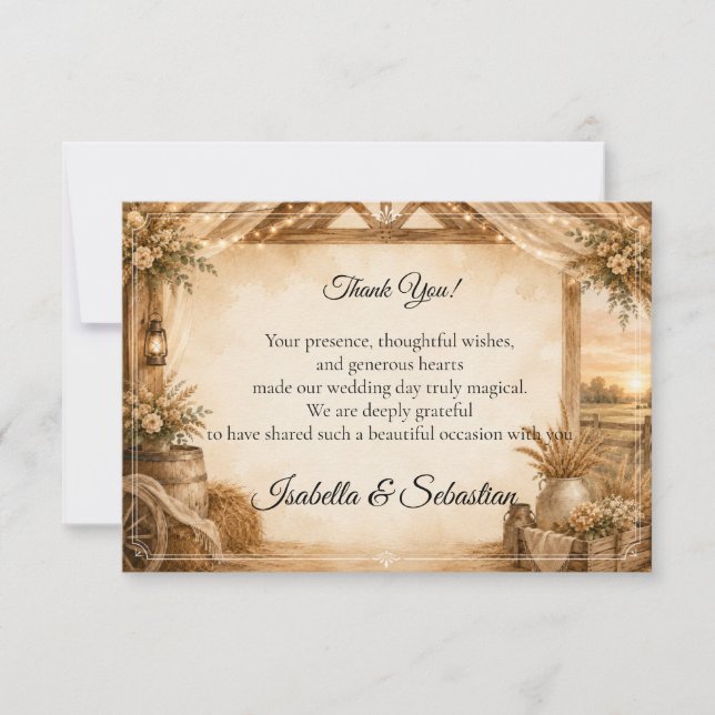 Rustikale Scheunenhochzeit Dankeskarte (Vorderseite)